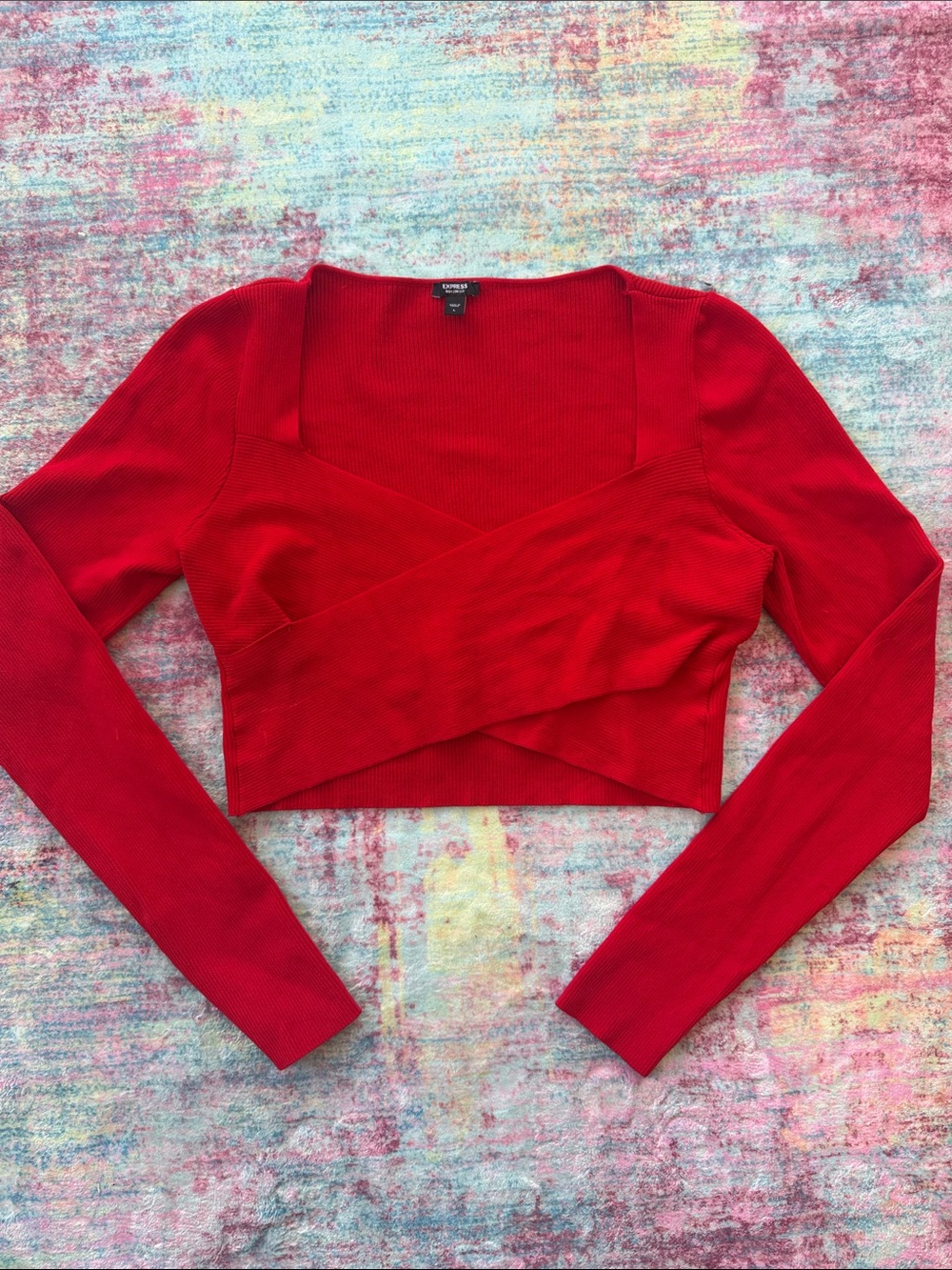 Express Red Ribbed Long-Sleeve Wrap Crop Top
